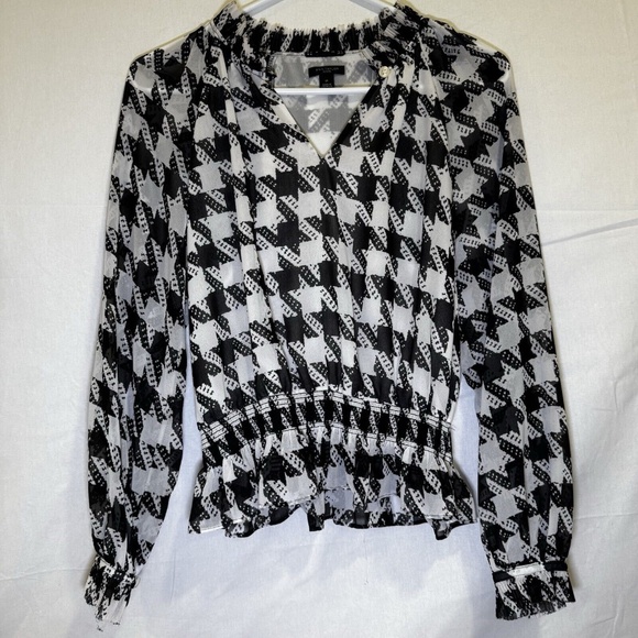 Ann Taylor Long Sleeve Blouse Top Shirt Houndstooth Multicolor Women's Petite SP - Picture 1 of 6